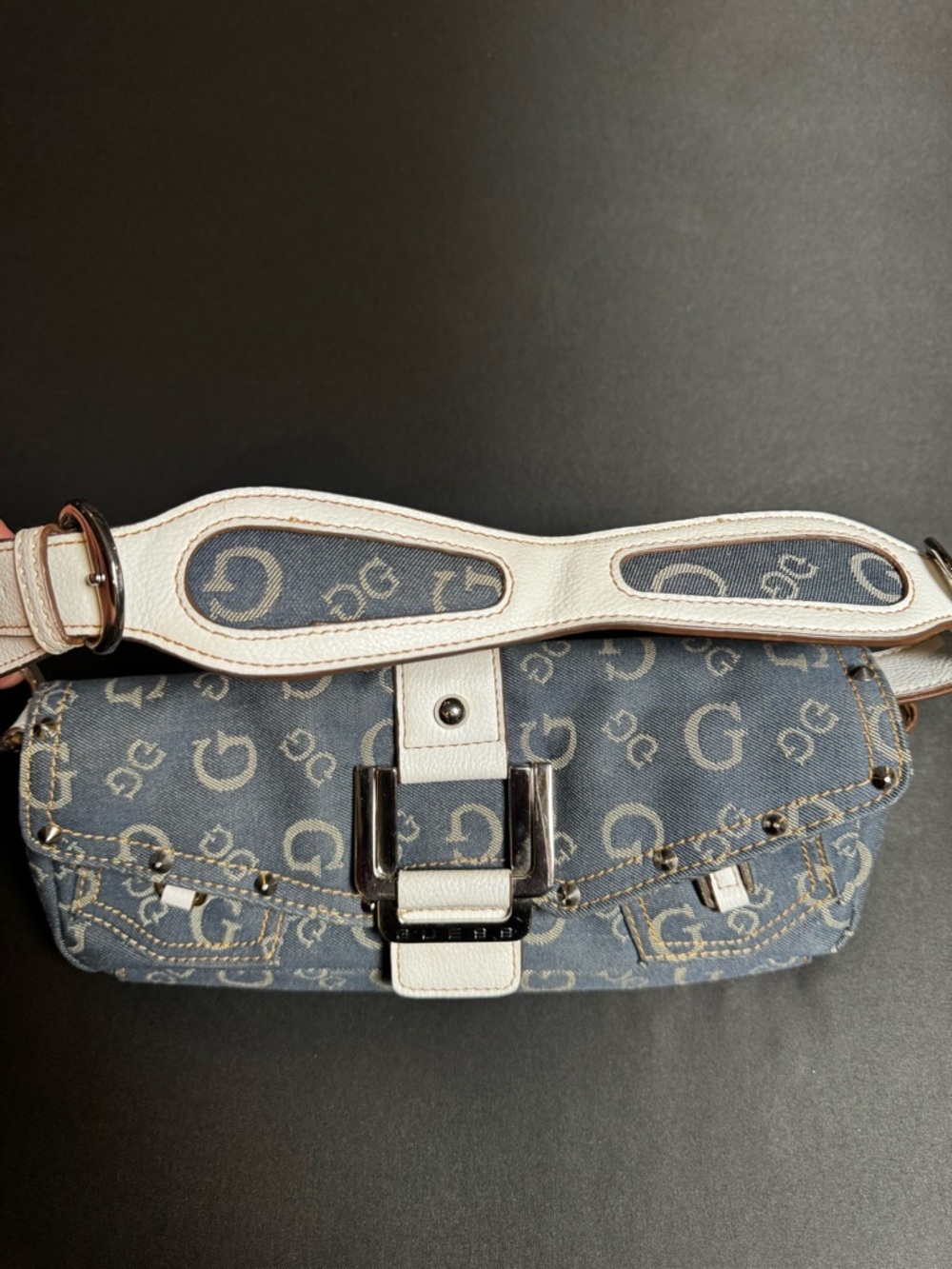 Vintage Y2K Guess Denim Monogram Baguette Bag Blue Logo - Picture 2 of 11